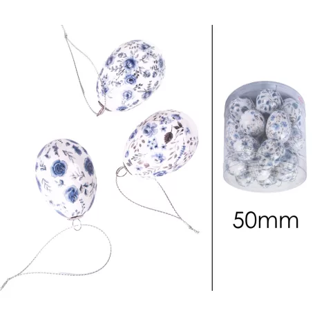 Műanyag dekor tojás 24 db/csomag kék virágos