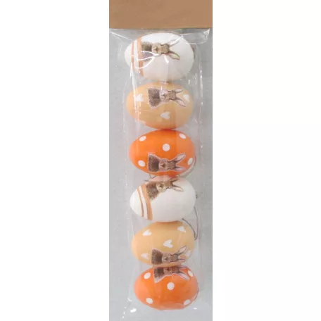 Műanyag dekor tojás 6 db/csomag fehér/narancs nyuszis