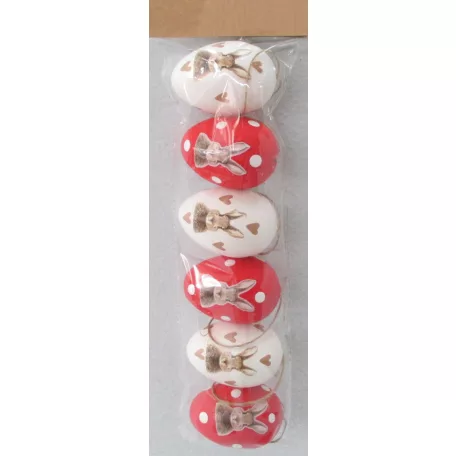 Műanyag dekor tojás 6 db/csomag fehér/piros nyúl