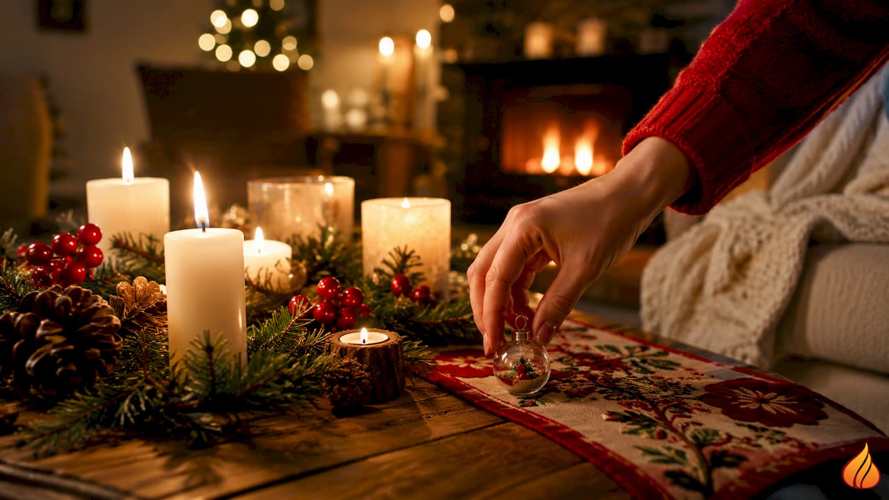 Egy kéz éppen egy díszt helyez el az ünnepi asztalon, a gyertyák mellett.