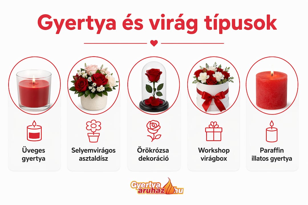 Áttekintő infografika a gyertyák és virágok legnépszerűbb fajtáiról