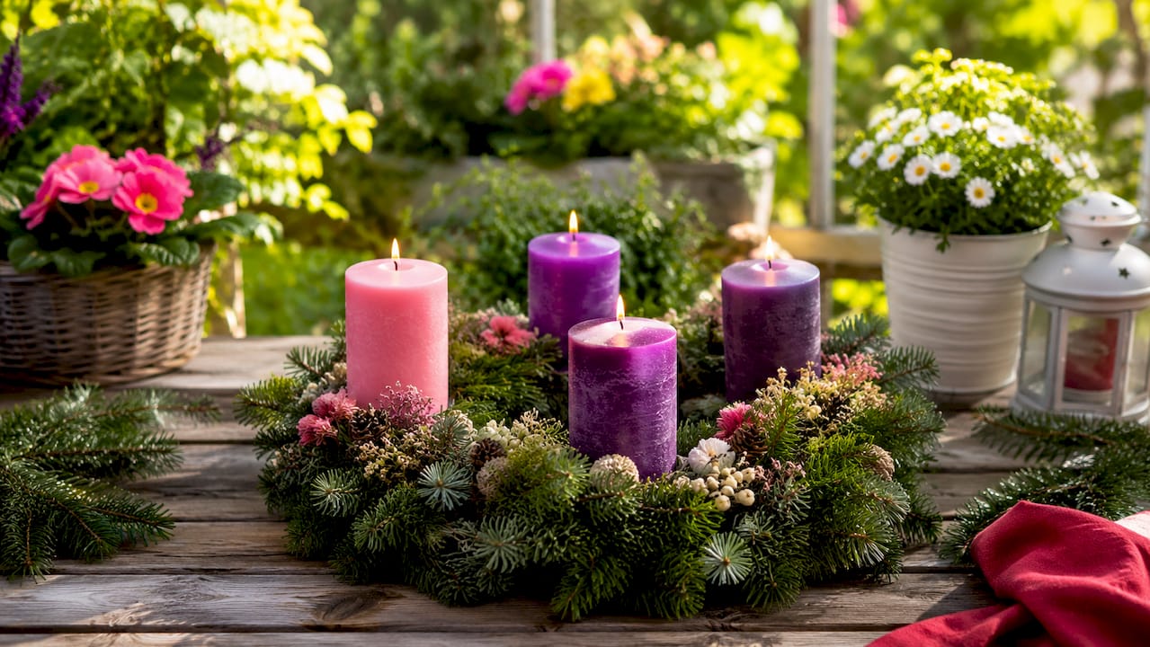 Négygyertyás adventi koszorú közelről fényképezve