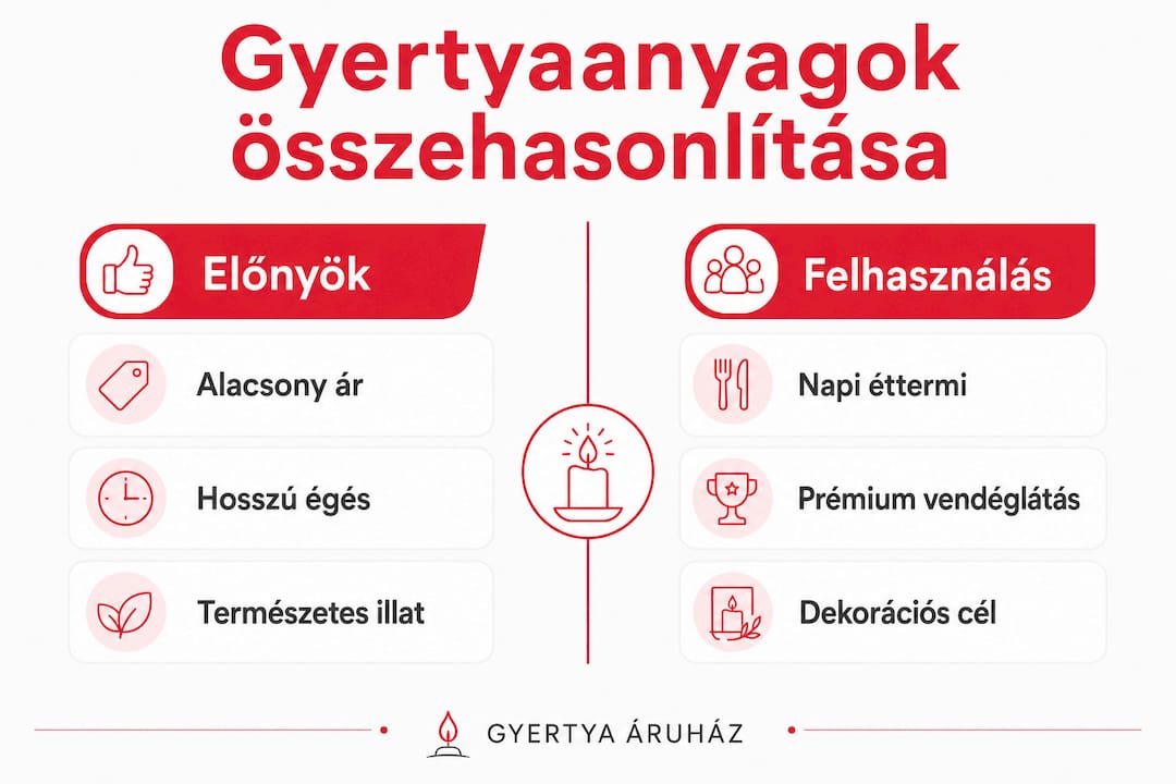 Asztali gyertyák anyagainak előnyei és felhasználási lehetőségei egy látványos infografikában