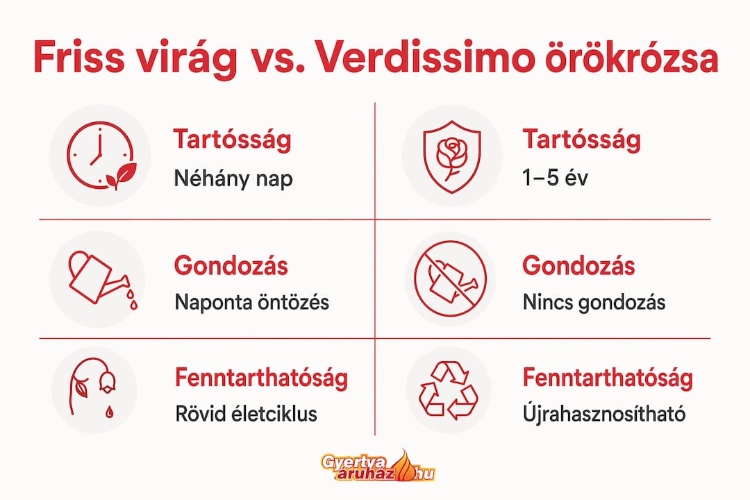 Infografika: Friss vágott virágok és Verdissimo örökrózsák közötti különbségek egy helyen