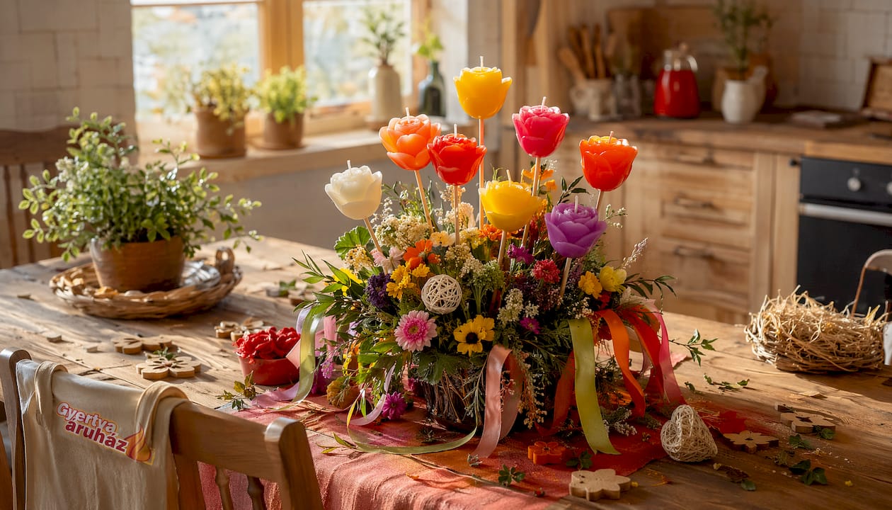 Otthonunkban egy csokor virág mellé helyezett, virág formájú gyertyák igazán hangulatos, természetközeli díszítést teremtenek.