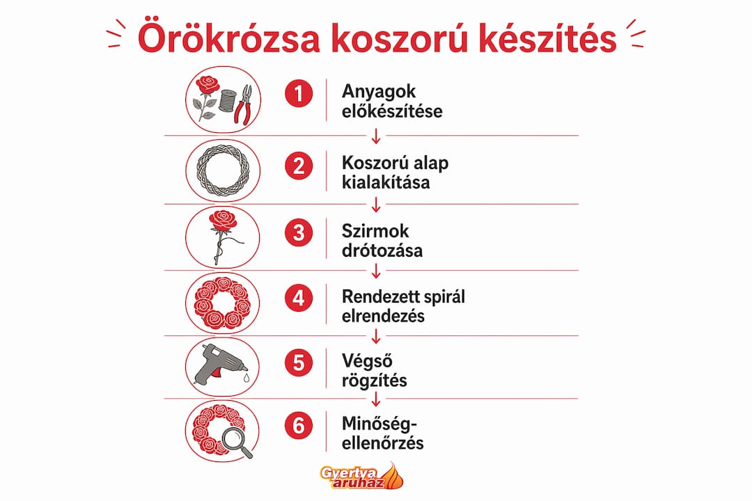 Lépésről lépésre bemutatjuk, hogyan készíthetsz örökrózsa koszorút – infografikán szemléltetve az elkészítés folyamatát.