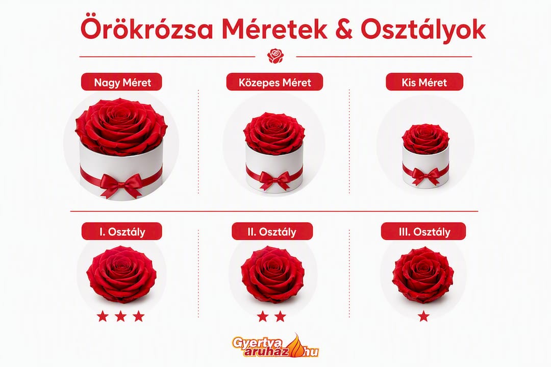 Örökrózsa méretek és minőségi kategóriák – áttekintő infografika