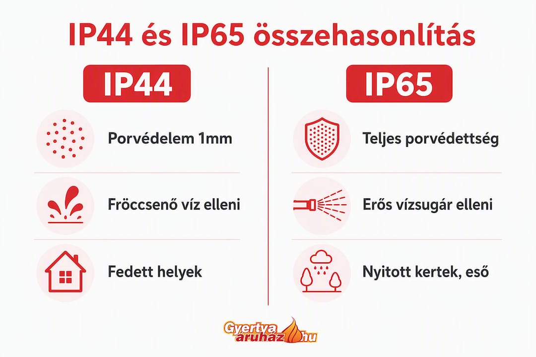 Összehasonlító infografika az IP44 és IP65 védettségi szintekről – mire jók, miben különböznek?