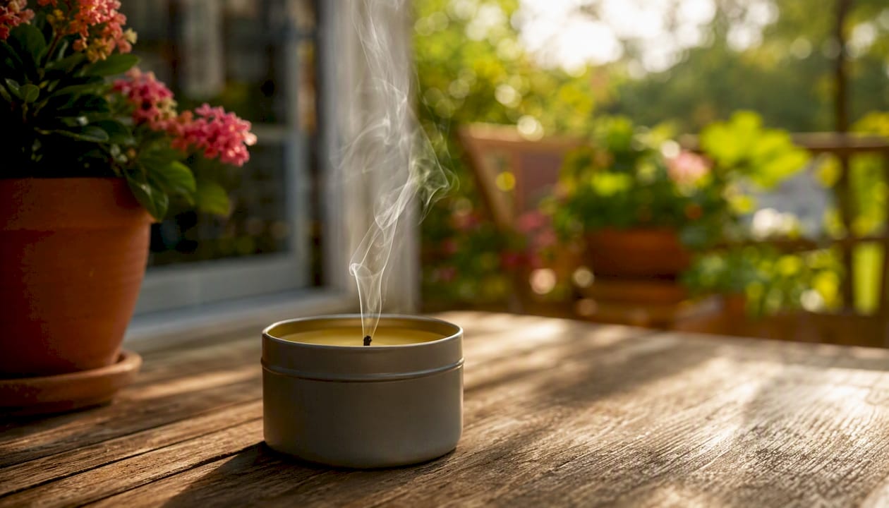 A citronella gyertya füstje lassan kígyózik felfelé a levegőben.